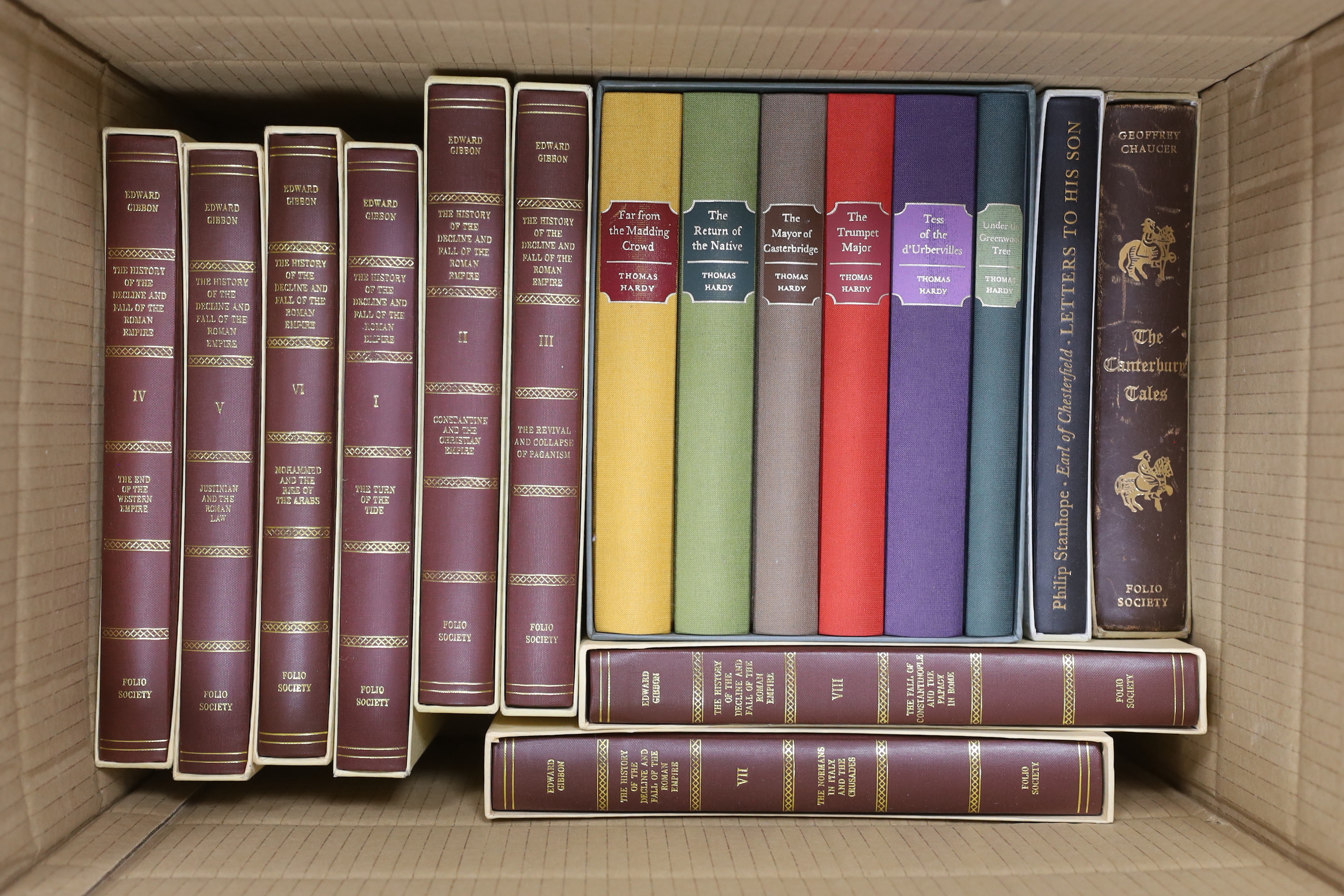 A quantity of Folio Society books in slip cases including ‘The book of the thousand nights and one night’, volumes I-IV and ‘The history of the decline and fall of the Roman Empire’, volumes I-VIII